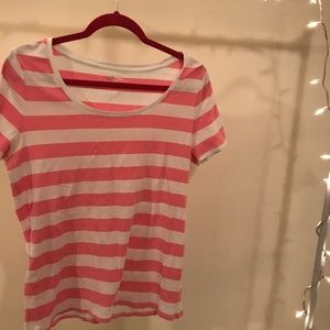 pink and white striped scoop neck tee